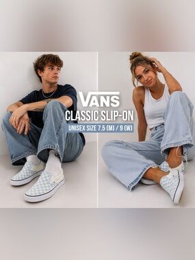 Vans Classic Slip-On Blue White Checkerboard Canvas Shoes Unisex Size 7.5/9